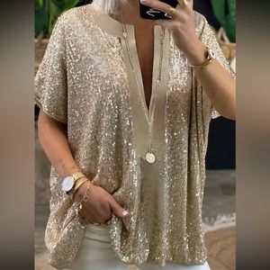 Luxe hold notched neck party sequins blouse
